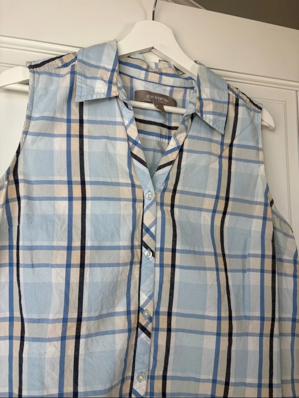 croft & barrow Blue and Beige Plaid Sleeveless Button-Up Shirt - Picture 3 of 4
